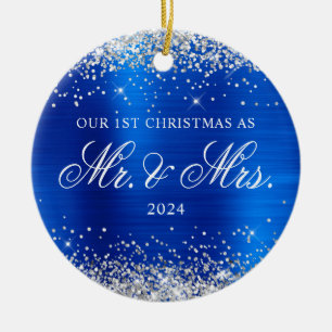 Silver Glitter Royal Blue Foil Our 1st Christmas Ceramic Tree Decoration