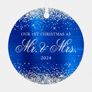 Silver Glitter Royal Blue Foil Our 1st Christmas Metal Tree Decoration