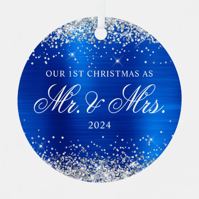 Silver Glitter Royal Blue Foil Our 1st Christmas Metal Tree Decoration (Front)