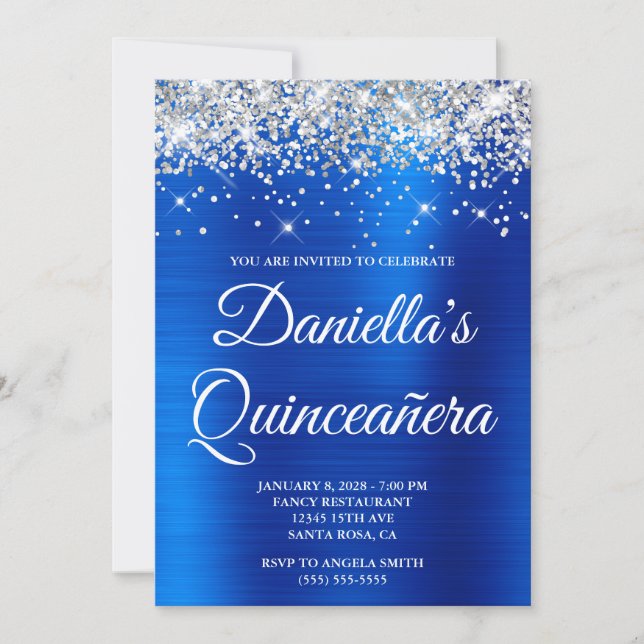 Silver Glitter Royal Blue Foil Quinceañera Invitation (Front)