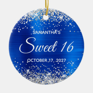 Silver Glitter Royal Blue Foil Sweet 16 Birthday Ceramic Tree Decoration