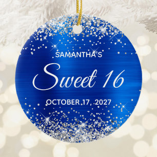 Silver Glitter Royal Blue Foil Sweet 16 Birthday Ceramic Tree Decoration