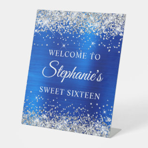 Silver Glitter Royal Blue Foil Sweet Sixteen Pedestal Sign