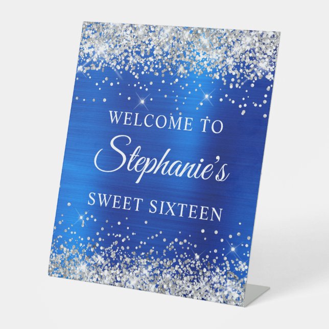 Silver Glitter Royal Blue Foil Sweet Sixteen Pedestal Sign (Front)