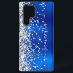 Silver Glitter Royal Blue Girly Signature Samsung Galaxy Case<br><div class="desc">Girly faux sparkly silvery glitter highlights on the left edge, over a faux bright jewel tone royal blue ombre brushed metal foil. The modern girly signature features an elegant white calligraphy font with decorative tails in a vertical format. Customise the font styles or move the sparkle graphics to create your...</div>