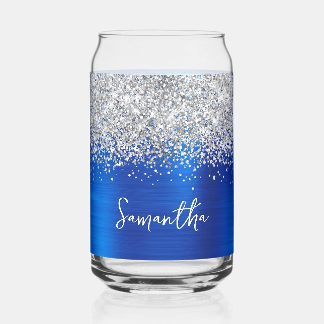 Silver Glitter Royal Blue Glam Name Can Glass (Front)
