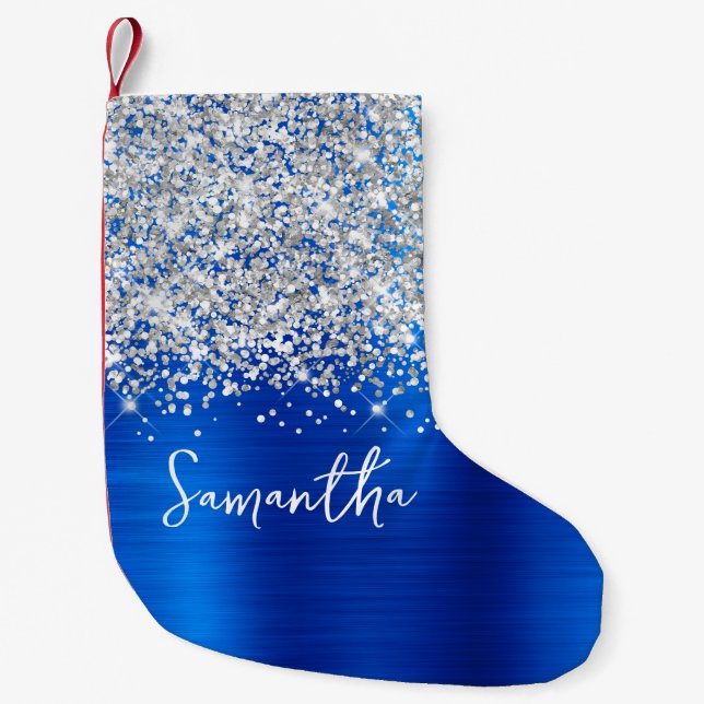 Silver Glitter Royal Blue Glam Name Small Christmas Stocking (Front)