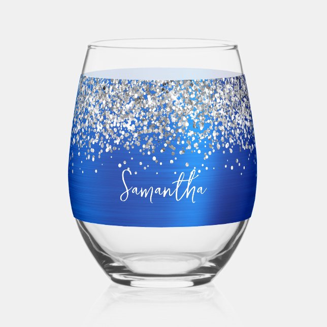 Silver Glitter Royal Blue Glam Name Stemless Wine Glass (Front)