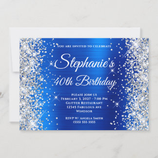 Silver Glitter Royal Blue Monogram 40th Birthday Invitation