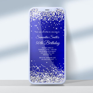 Silver Glitter Royal Blue Satin 50th Birthday Invitation