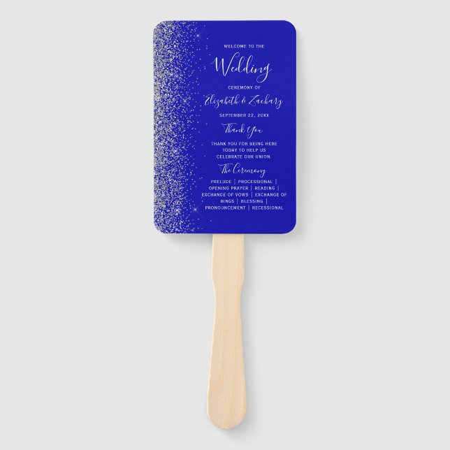 Silver Glitter Royal Blue Wedding Program Hand Fan (Front)
