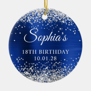 Silver Glitter Royal Navy Blue 18th Birthday Photo Ceramic Tree Decoration