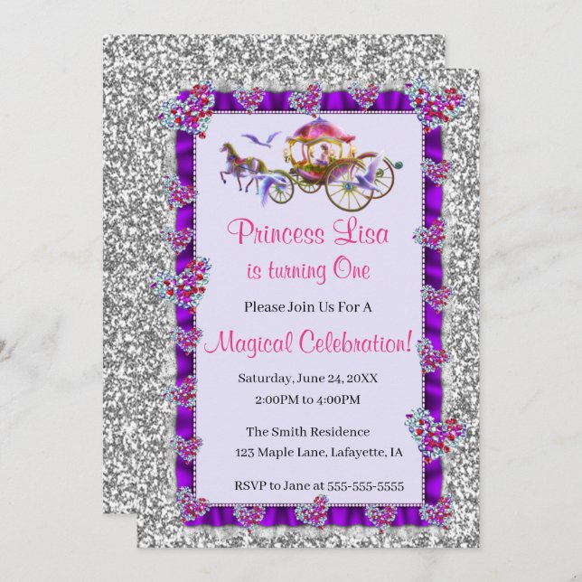Silver Glitter Royal Princess Birthday Invitation (Front/Back)