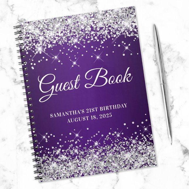 Silver Glitter Royal Purple 21st Bday Guestbook Notebook (Creator Uploaded)