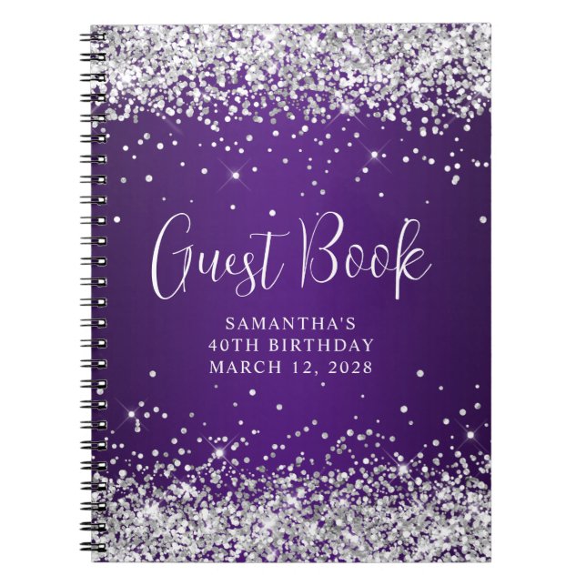 Silver Glitter Royal Purple 40th Birthday Guest Notebook (Front)