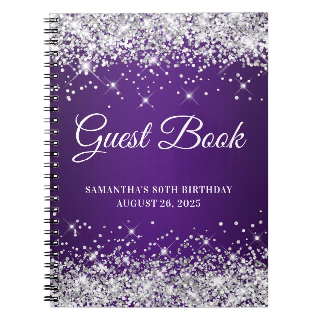 Silver Glitter Royal Purple 80th Bday Guestbook Notebook (Front)