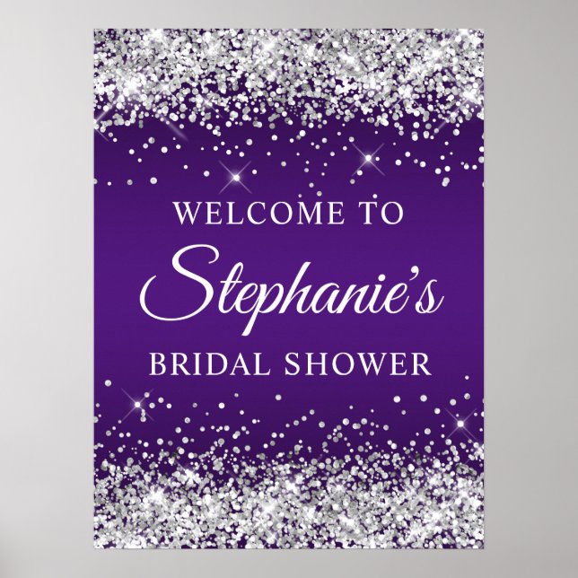 Silver Glitter Royal Purple Bridal Shower Welcome Poster (Front)