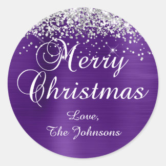 Silver Glitter Royal Purple Foil Merry Christmas Classic Round Sticker
