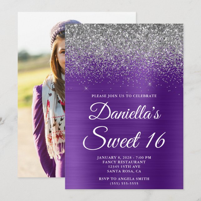 Silver Glitter Royal Purple Foil Photo Sweet 16 Invitation (Front/Back)