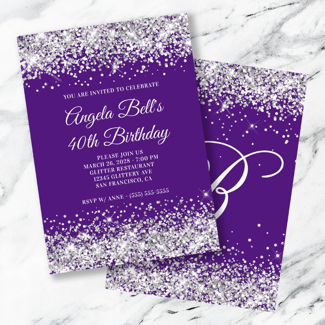 Silver Glitter Royal Purple Monogram 40th Birthday Invitation (Silver Glitter Royal Purple Monogram 40th Birthday Invitation)