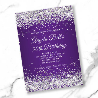 Silver Glitter Royal Purple Ombre 50th Birthday Invitation