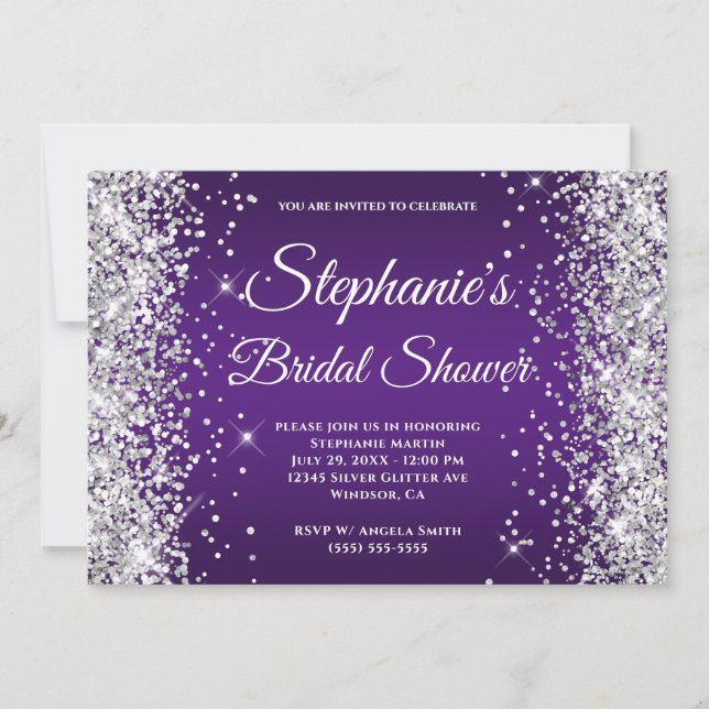 Silver Glitter Royal Purple Ombre Fancy Monogram Invitation (Front)