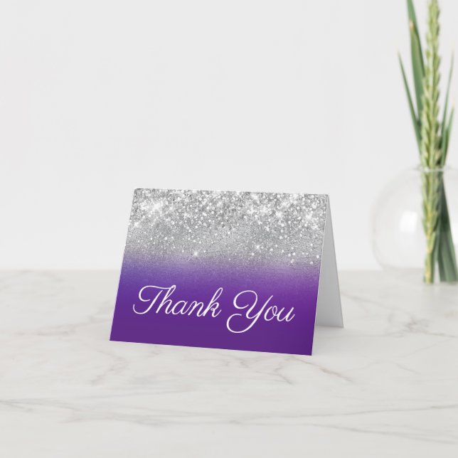 Silver Glitter Royal Purple Ombre Overlay Thank You Card (Front)