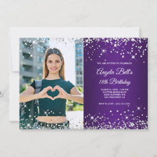 Silver Glitter Royal Purple Photo 18th Birthday Invitation