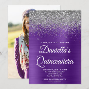 Silver Glitter Royal Purple Photo Quinceañera Invitation