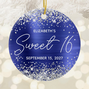 Silver Glitter Sapphire Blue Fancy Sweet 16 Photo Ceramic Tree Decoration
