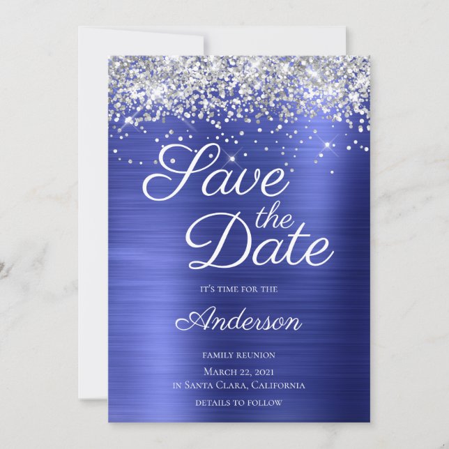 Silver Glitter Sapphire Blue Ombre Family Reunion Save The Date (Front)