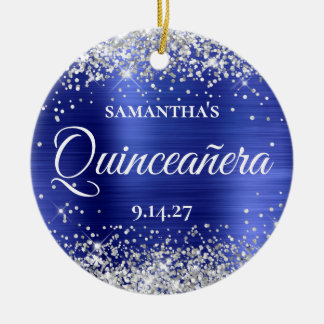 Silver Glitter Sapphire Blue Quinceañera Photo Ceramic Tree Decoration