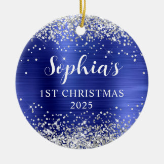 Silver Glitter Sapphire Foil 1st Christmas Photo Ceramic Tree Decoration
