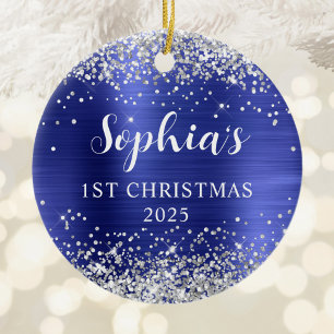 Silver Glitter Sapphire Foil 1st Christmas Photo Ceramic Tree Decoration