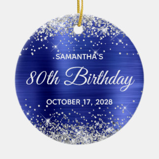 Silver Glitter Sapphire Foil 80th Birthday Ceramic Tree Decoration