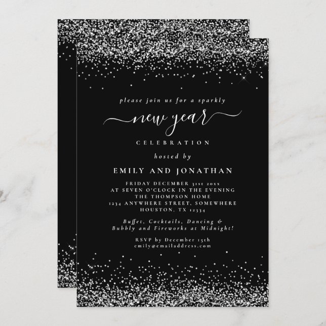Silver Glitter Script Black New Years Eve Party  Invitation (Front/Back)