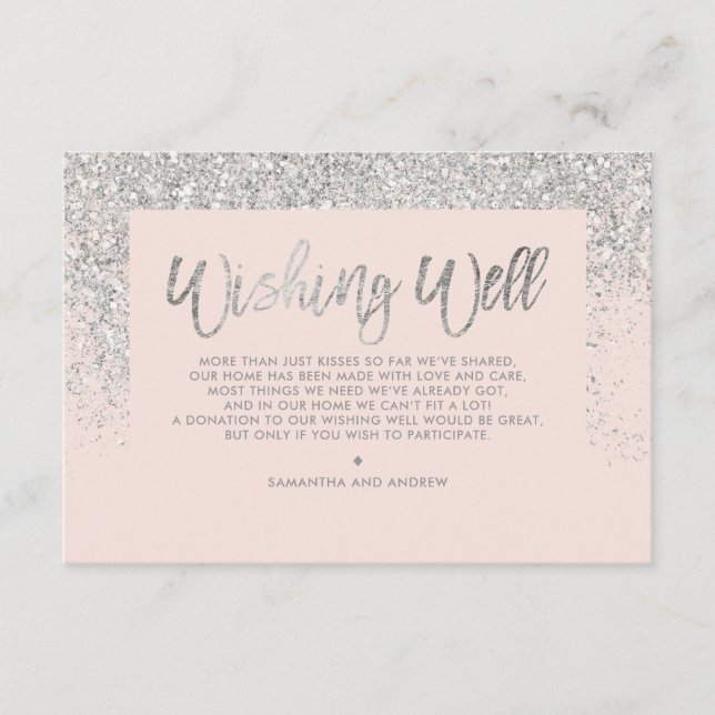 Silver glitter script blush pink wishing well enclosure card (Front)