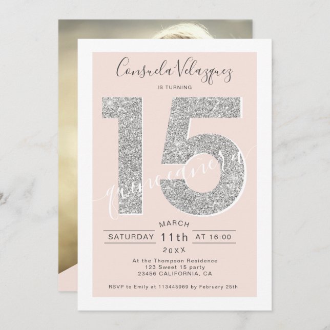 Silver glitter script blush quinceanera photo invitation (Front/Back)