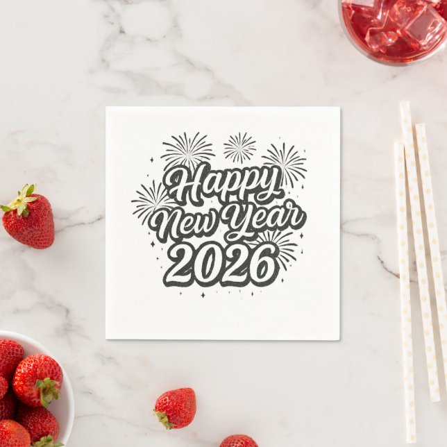 Silver Glitter Script Happy New Year 2026 Napkin (Insitu)