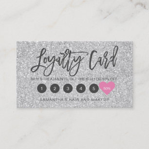 Silver glitter script makeup hair pink heart loyalty card