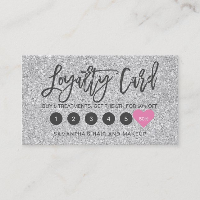 Silver glitter script makeup hair pink heart loyalty card (Front)