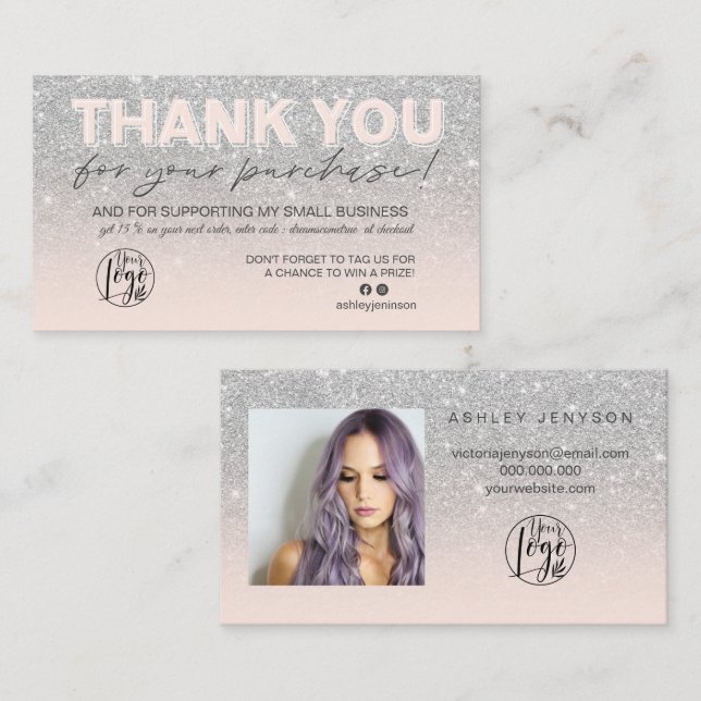 SIlver glitter script photo logo thank you Business Card (Front/Back)
