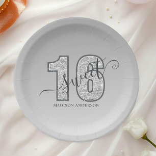 Silver Glitter Script Sweet 16 Paper Plate