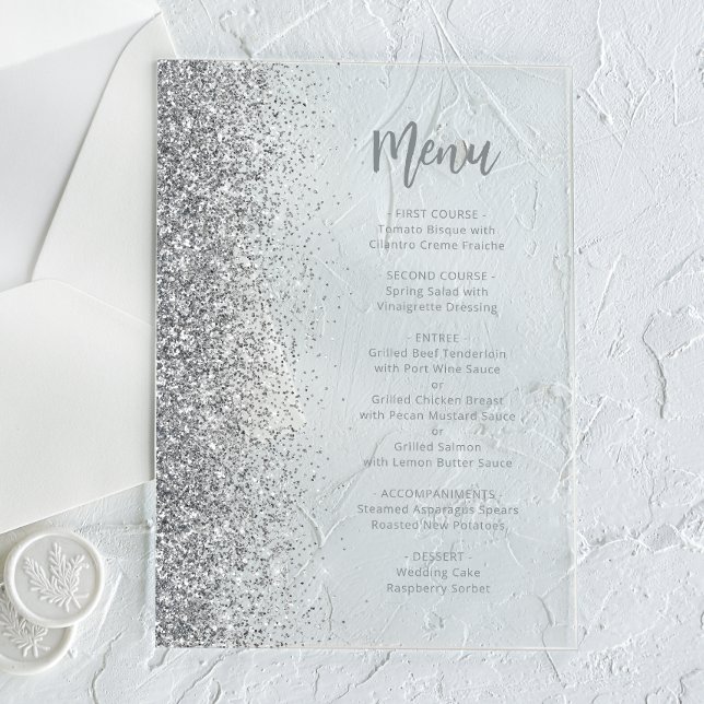 Silver Glitter Script White Wedding Acrylic Invitations (Creator Uploaded)