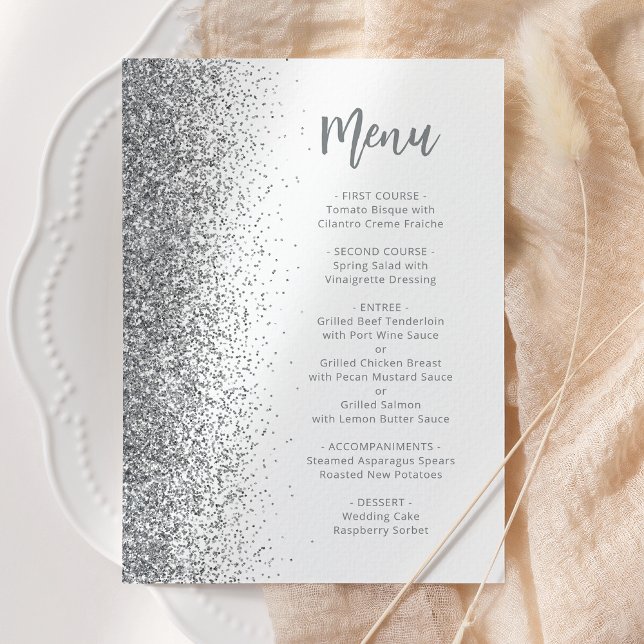 Silver Glitter Script White Wedding Menu (Creator Uploaded)