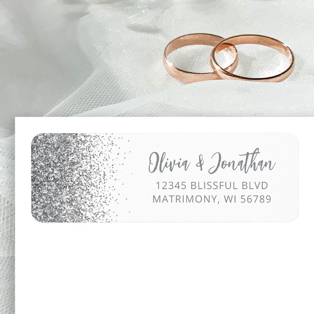 Silver Glitter Script White Wedding Return Address (Creator Uploaded)