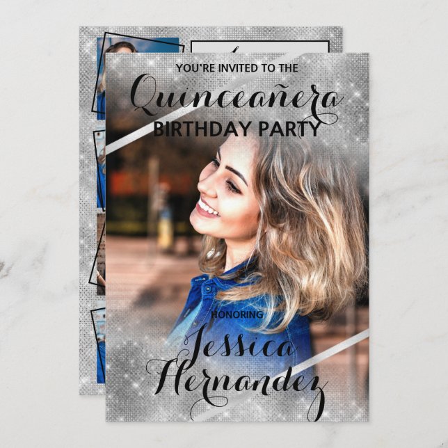 Silver Glitter Sequin Corners Photo Quinceañera Invitation (Front/Back)