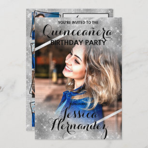 Silver Glitter Sequin Corners Photo Quinceañera Invitation