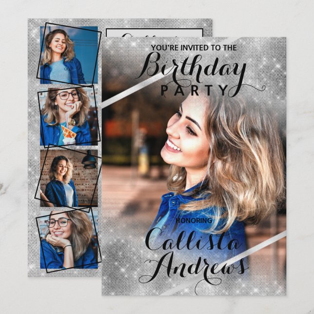 Silver Glitter Sequins Corners Photo Birthday Invitation (Front/Back)