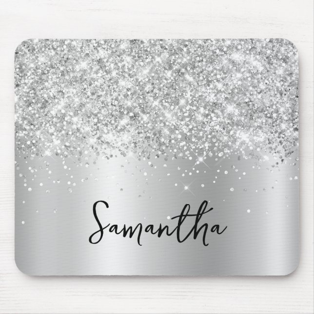 Silver Glitter Shimmer Glam Name Mouse Mat (Front)